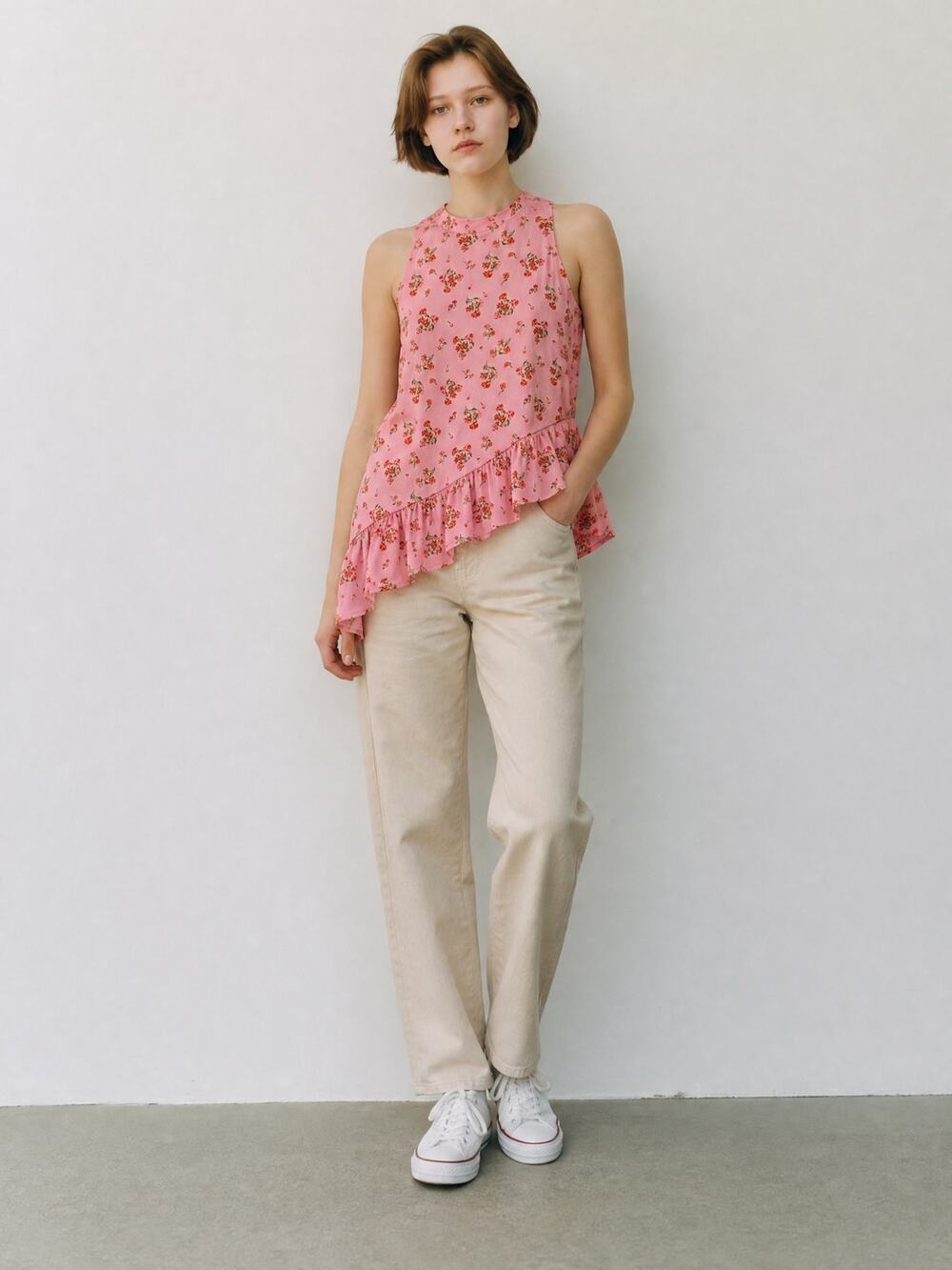 Doe & Rae S Pink Ditsy Floral Mock Neck Asymmetrical Ruffle Sleeveless Blouse